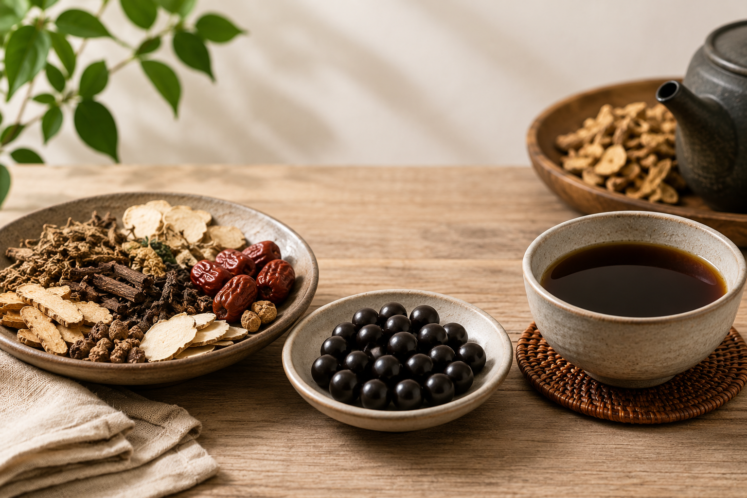 Chinese herbal formula in three forms: loose dried herbs, patent pills and a brewed decoction